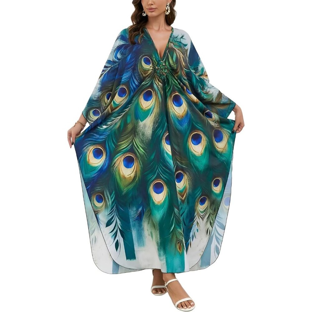 Women's 1 Green Peacock Sleeve Kaftan Flowy Lightweight loungewear Caftan Maxi